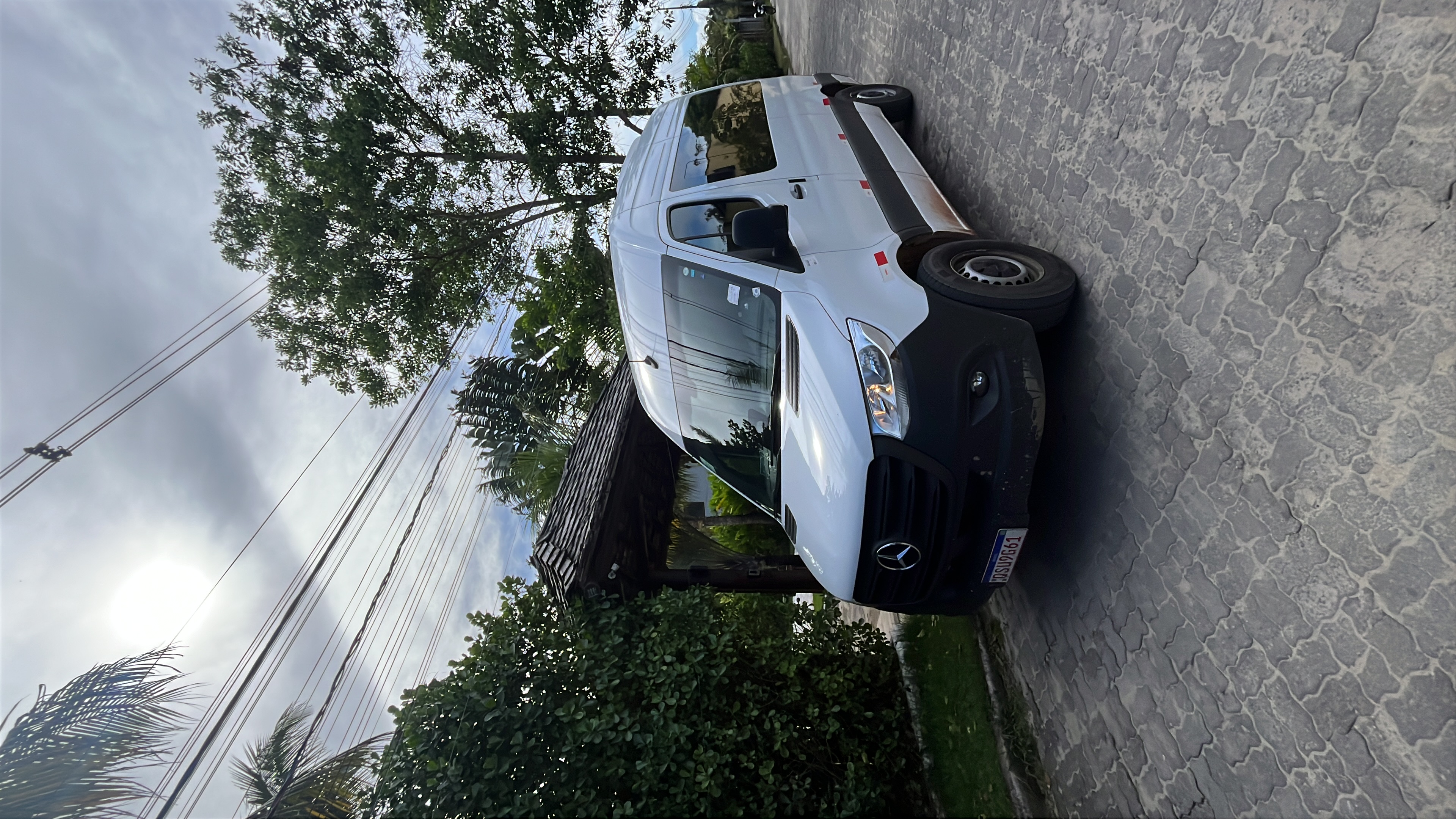 Van executiva Mercedes-Benz Sprinter branca da ALFI em via arborizada